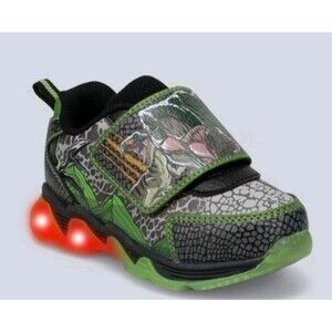 Jurassic World Kids Dinosaur Print Light Up Sneaker Sz 8 Gray Green Hook & Loop